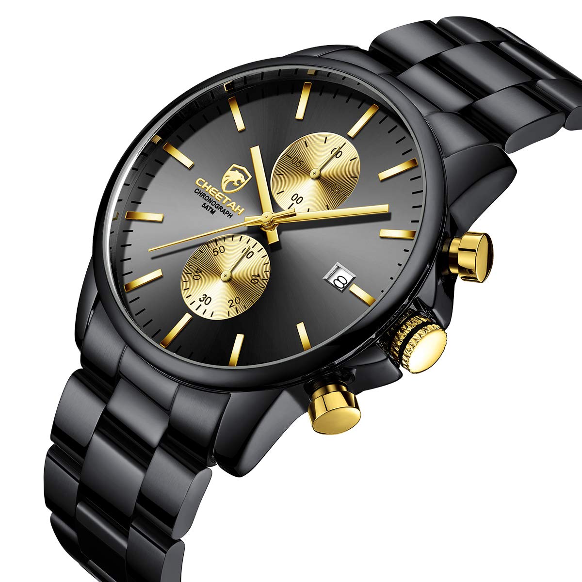 GOLDEN HOUR Fashion Businessmen's Watches with Stainless Steel Waterproof Chronograph Quartz Watch for Men, Auto Date