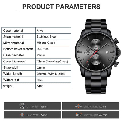 GOLDEN HOUR Fashion Businessmen's Watches with Stainless Steel Waterproof Chronograph Quartz Watch for Men, Auto Date