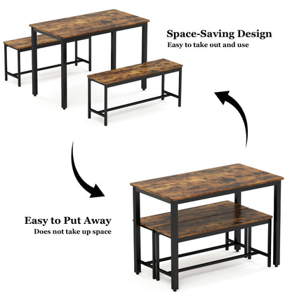 Dining Table Set for 4, Kitchen Room Table Set with 2 Benches, 3-Piece Dining Chairs Set for Breakfast Nook, Grey