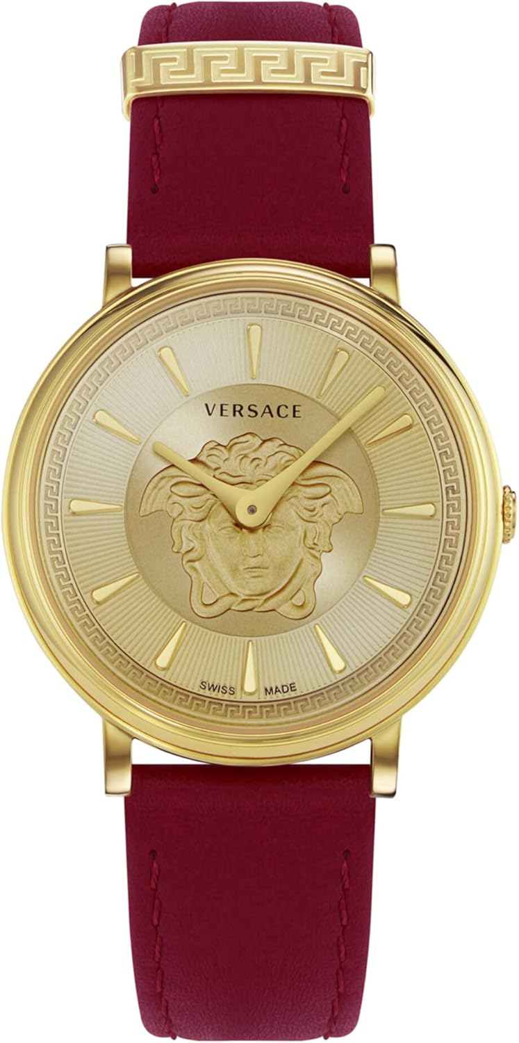 Versace V-Circle Collection Luxury Women's Watch Timepiece with a Burgundy Strap Featuring a Gold Case and Gold Dial