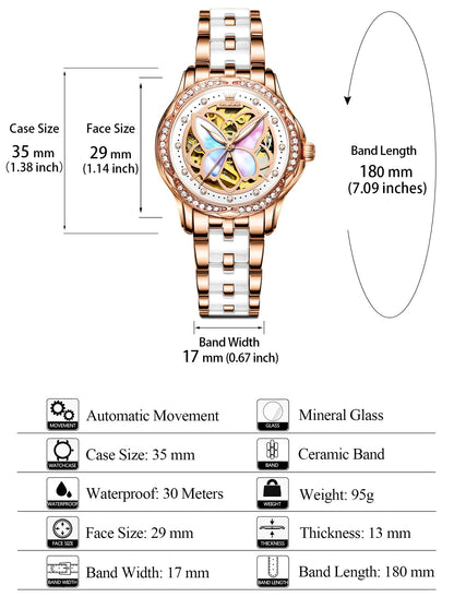 OLEVS Women's Automatic Watch, Premium Large Face Diamond Accented Self Winding Watches for Women, Fashion Waterproof Ladies Dress Watch, Two Tone Stainless Steel Ceramic Bracelet