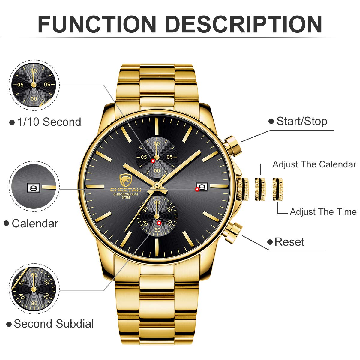 GOLDEN HOUR Fashion Businessmen's Watches with Stainless Steel Waterproof Chronograph Quartz Watch for Men, Auto Date