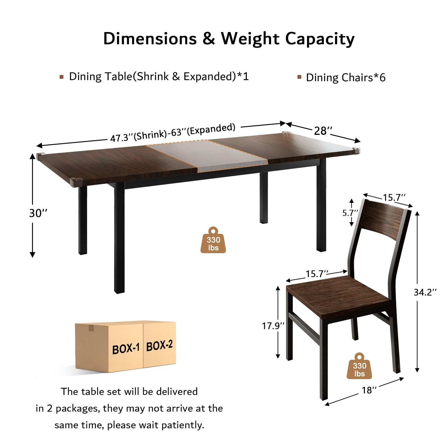 iPormis 7-Piece Dining Table & Chairs Set for 4-6, 63" Extendable Kitchen Table with 6 Chairs, Dining Room Table with Metal Frame & MDF Board, Perfect for Small Space, Easy Assembly, Black