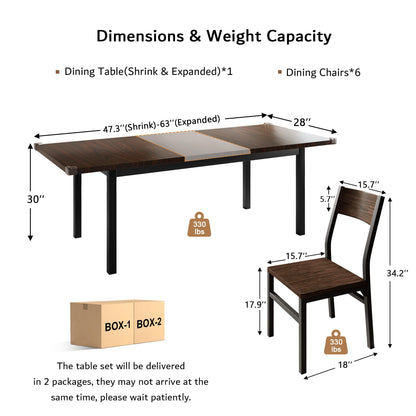 iPormis 7-Piece Dining Table & Chairs Set for 4-6, 63" Extendable Kitchen Table with 6 Chairs, Dining Room Table with Metal Frame & MDF Board, Perfect for Small Space, Easy Assembly, Black