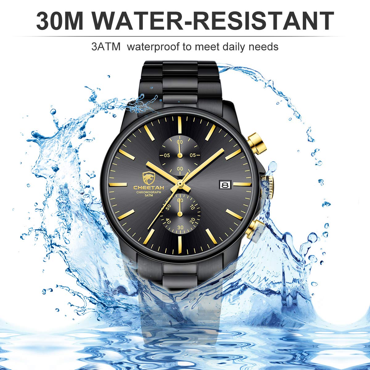 GOLDEN HOUR Fashion Businessmen's Watches with Stainless Steel Waterproof Chronograph Quartz Watch for Men, Auto Date