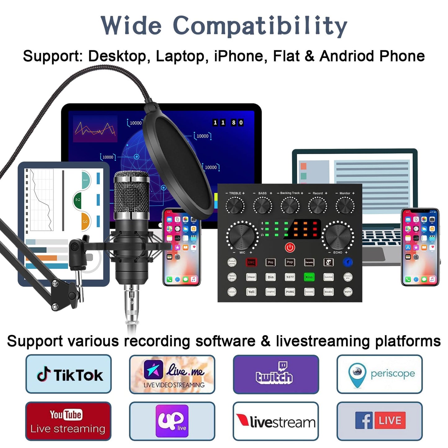 Podcast Equipment Bundle For 2, ALPOWL Audio Interface with Cardioid Designer BM800 Mic for Gamer and All-In-One DJ Mixer, perfect for Live Streaming, Singing, YouTube, Gaming