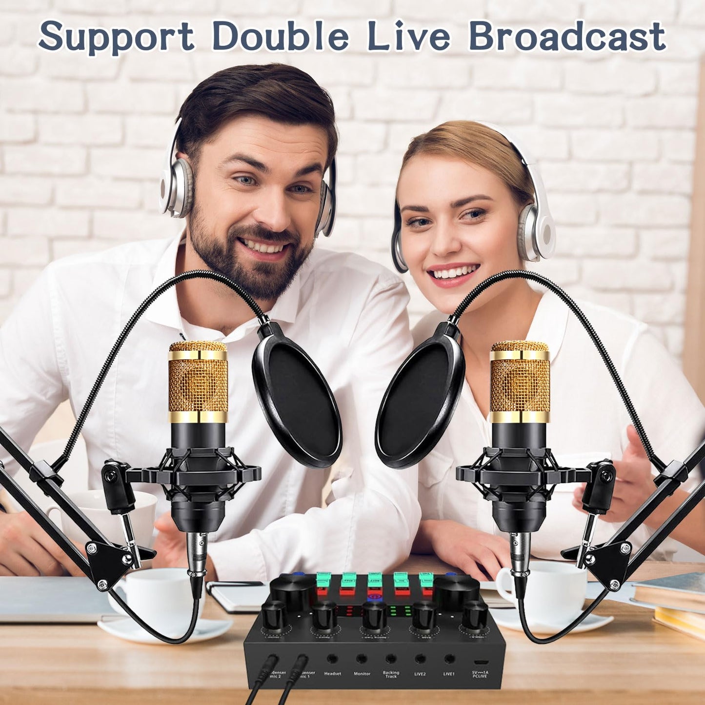 Podcast Equipment Bundle For 2, ALPOWL Audio Interface with Cardioid Designer BM800 Mic for Gamer and All-In-One DJ Mixer, perfect for Live Streaming, Singing, YouTube, Gaming