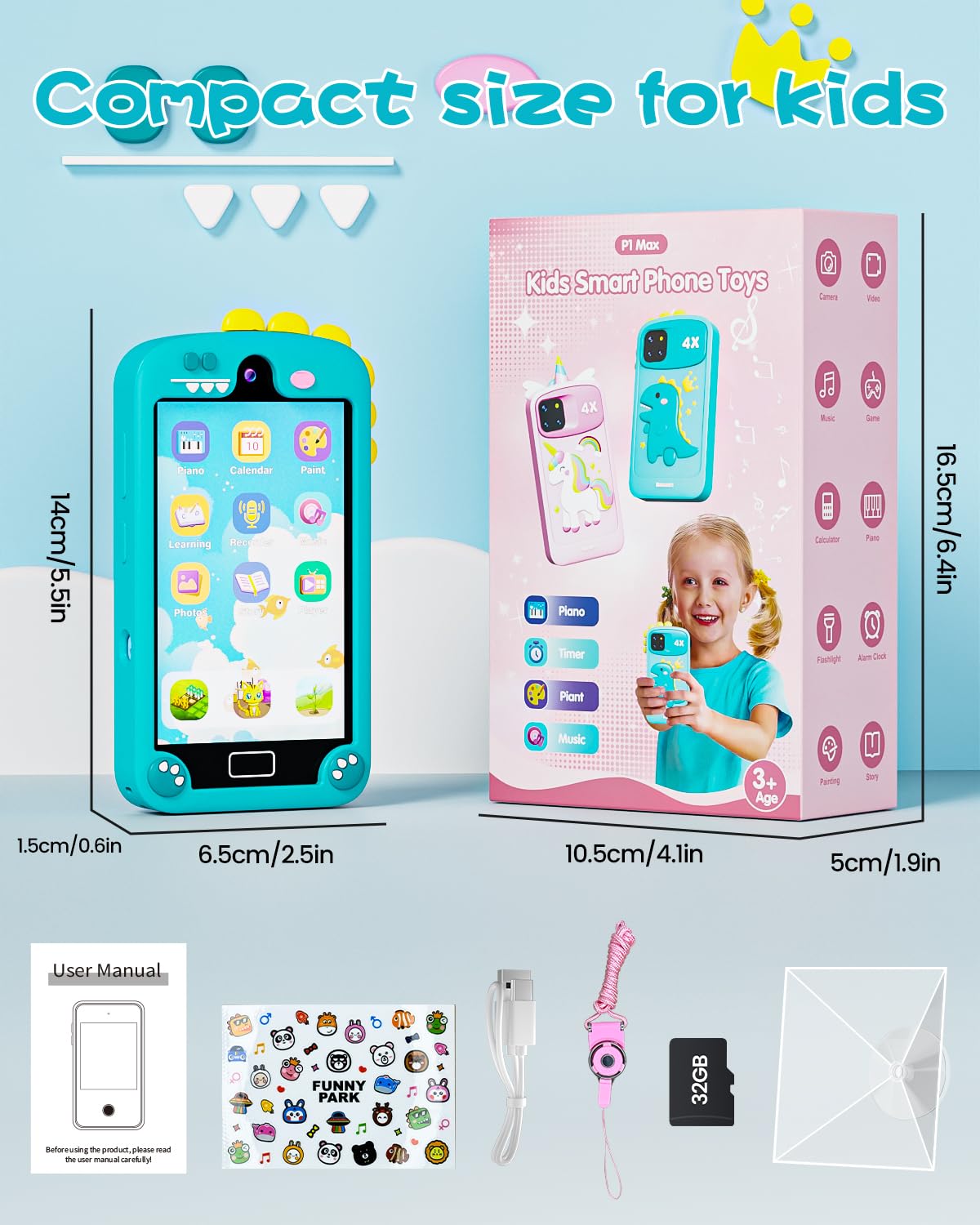 Kids Smart Phone for Girls with 4.0" Large Touchscreen, 32G Card Christmas Birthday Gifts for Age 3-10 Kid Toys Cell Phone with Holographic Pyramid, Toddler Learning Toy, Dual Lens, Music Player(Pink)