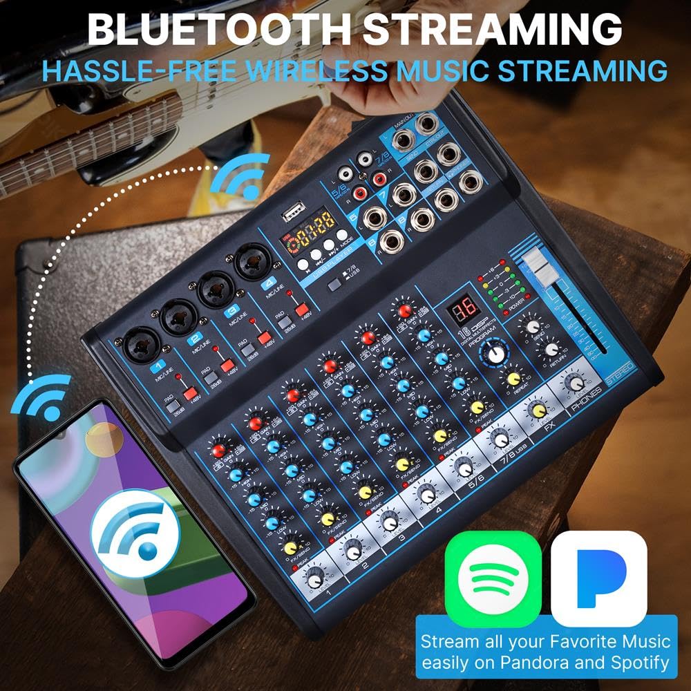 Pyle 4-Channel Bluetooth Studio Audio Mixer-DJ Sound Controller Interface with USB Drive for PC Recording Input, XLR Microphone Jack,48V Power,Input/Output for Professional and Beginners - PMXU46BT