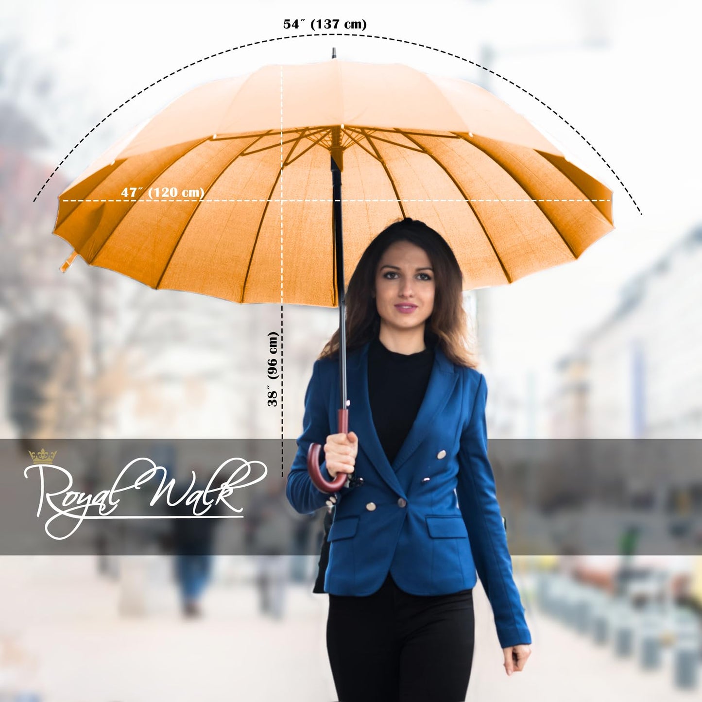 Royal Walk Windproof Large Umbrella for Rain 54 Inch Automatic Open for 2 Persons Wind Resistant Big Golf Umbrellas for Adult Men Women Classic Wooden Handle Fast Drying Strong 16 Ribs Travel 120cm