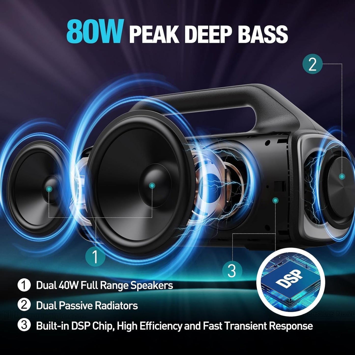 Portable Bluetooth Speakers, 80W Peak Wireless Outdoor Speaker with Subwoofer, Deep Bass, IP67 Waterproof, 100dB Loud Party Speakers for Camping, Beach, Garage