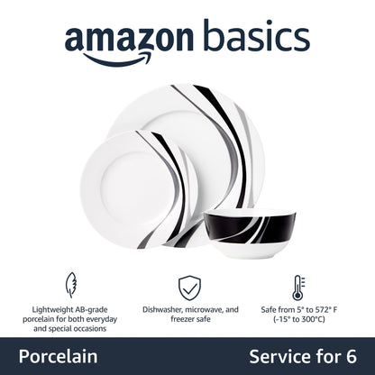 Amazon Basics 18 Pieces Dinnerware Sets, Dishes, Plates and Bowls, Service for 6, Swirl