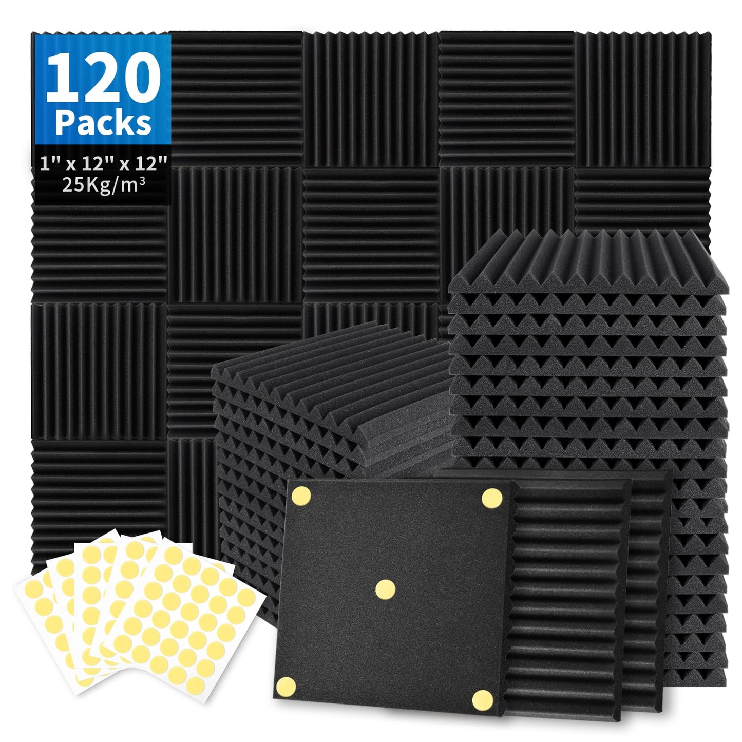 52 Pack Acoustic Foam Panels 1" x 12" x 12" Sound Proof Foam Panles Soundproofing Noise Cancelling Wedge Panels for Home Office Recoding Studio with 300PCS Double-Side Adhesive