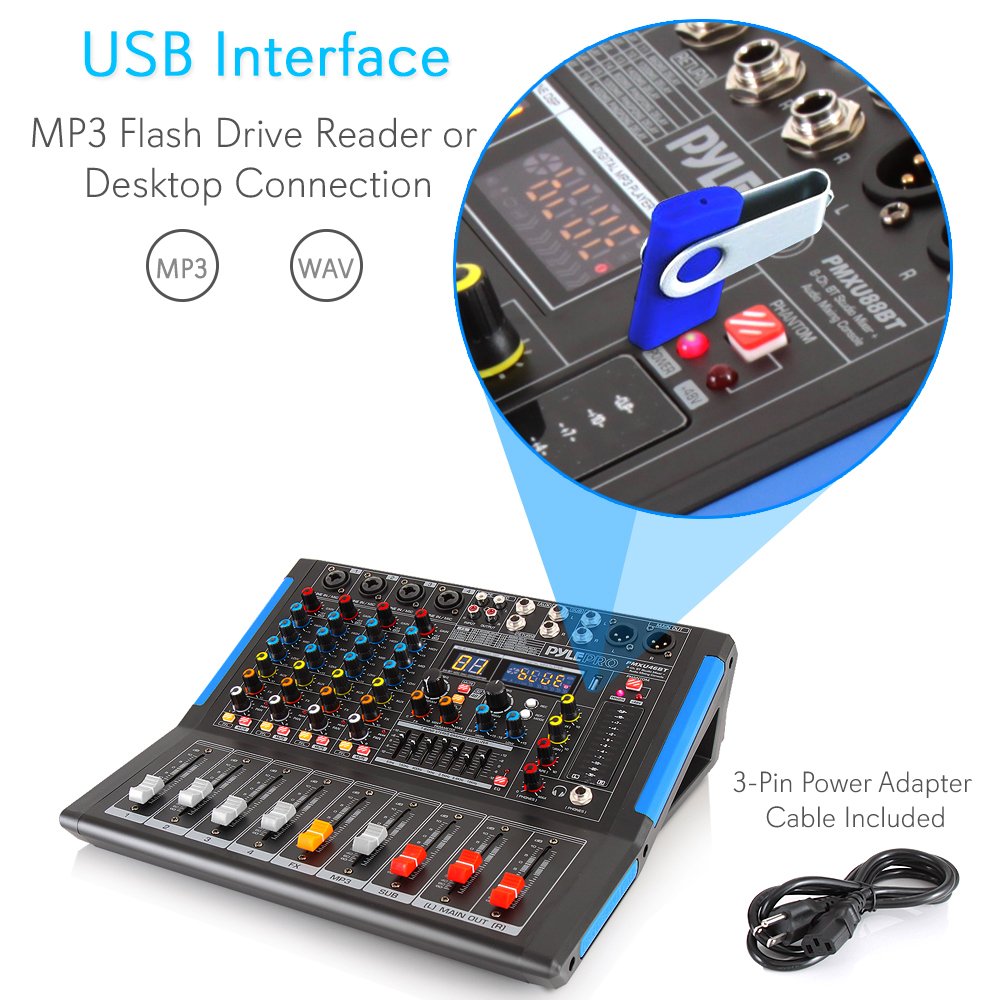 Pyle 4-Channel Bluetooth Studio Audio Mixer-DJ Sound Controller Interface with USB Drive for PC Recording Input, XLR Microphone Jack,48V Power,Input/Output for Professional and Beginners - PMXU46BT