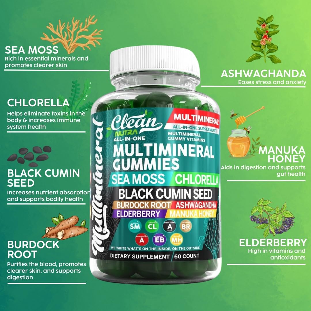 Sea Moss Black Seed Oil Gummies with Ashwagandha, Elderberry, Burdock Root, Chlorella, Manuka Honey - Vegan Gummy Vitamins for Adults Kids Men Women - Multimineral Green Apple Flavor by Clean Nutra