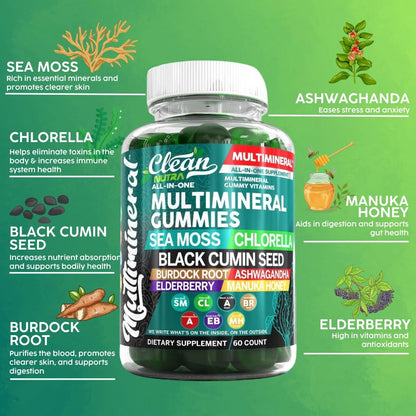 Sea Moss Black Seed Oil Gummies with Ashwagandha, Elderberry, Burdock Root, Chlorella, Manuka Honey - Vegan Gummy Vitamins for Adults Kids Men Women - Multimineral Green Apple Flavor by Clean Nutra