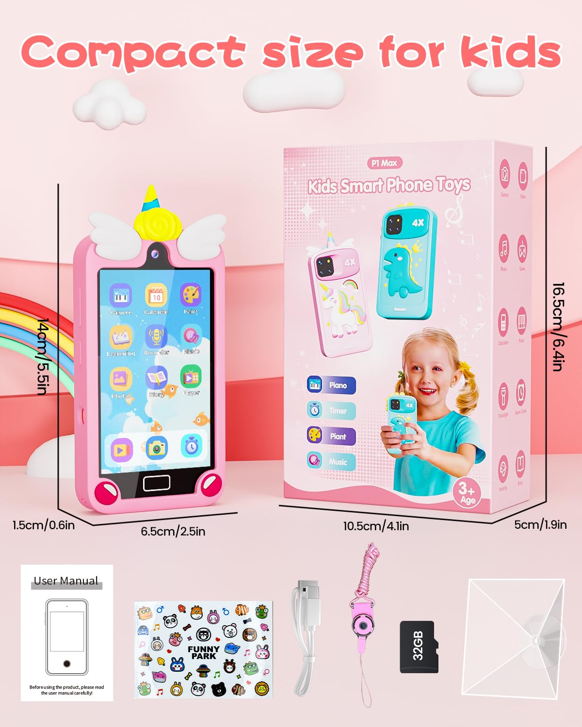 Kids Smart Phone for Girls with 4.0" Large Touchscreen, 32G Card Christmas Birthday Gifts for Age 3-10 Kid Toys Cell Phone with Holographic Pyramid, Toddler Learning Toy, Dual Lens, Music Player(Pink)