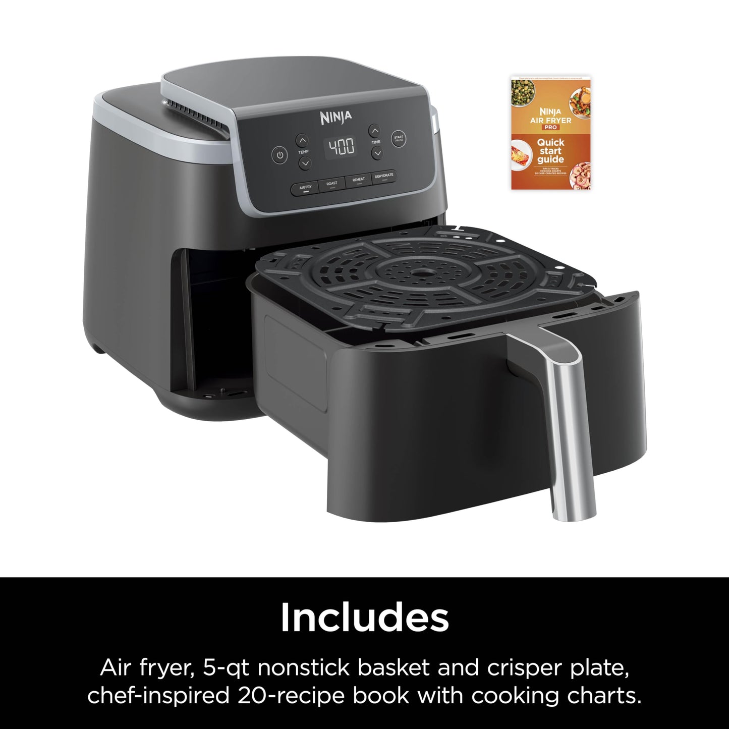 Ninja Air Fryer Pro 4-in-1 with 5 QT Capacity, Air Fry, Roast, Reheat, Dehydrate, Air Crisp Technology with 400F for hot, 120 Volts, Nonstick Basket & Crisper Plate, Grey, AF141