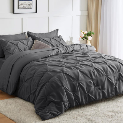 CozyLux Queen Comforter Set 7 Pieces Bed in A Bag Black Comforters Queen Size Bed Set Pintuck Pinch Pleat Complete Bedding Sets with Comforter, Flat Sheet, Fitted Sheet and Pillowcases & Shams