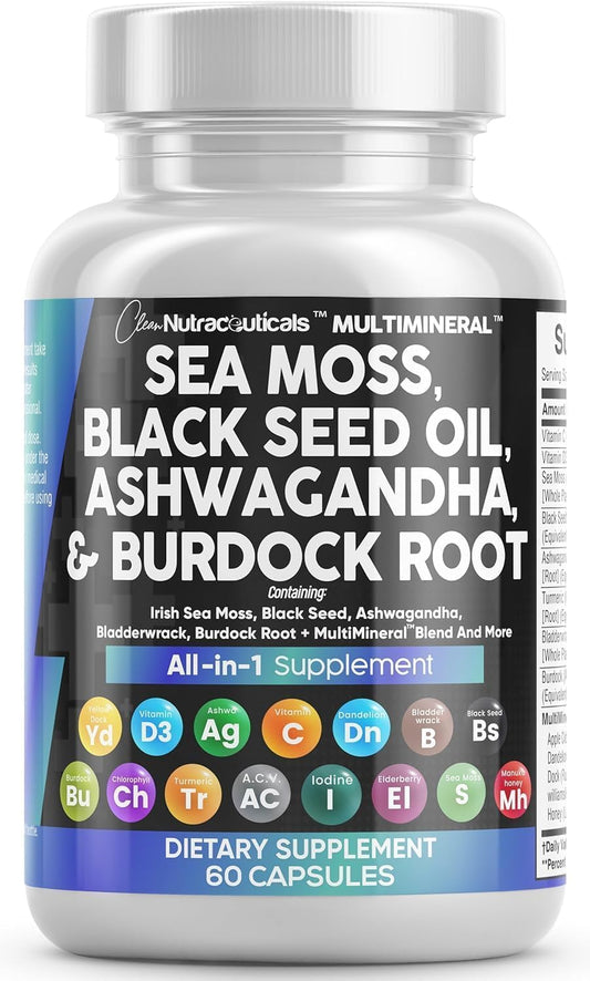 Clean Nutraceuticals Sea Moss Black Seed Oil Ashwagandha Turmeric Bladderwrack Burdock & Vitamin C Vitamin D3 with Elderberry Manuka Dandelion Yellow Dock Iodine Chlorophyll ACV