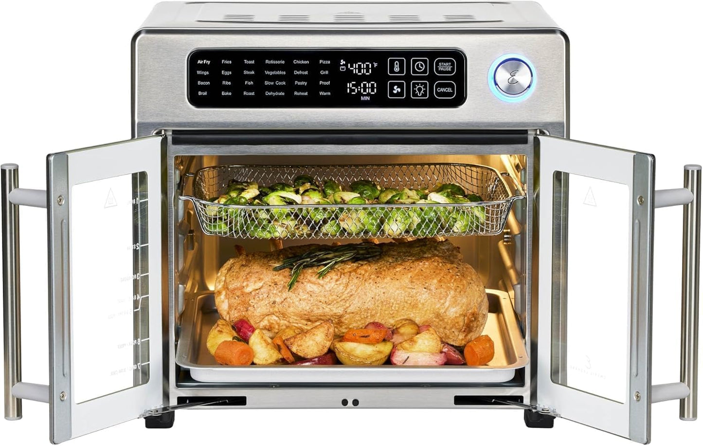 Emeril Lagasse Extra Large French Door Air Fryer Toaster Oven Combo, 25 Cooking Functions and Digital Controls, 7 Accessories Included, Stainless Steel Finish, 26QT Capacity