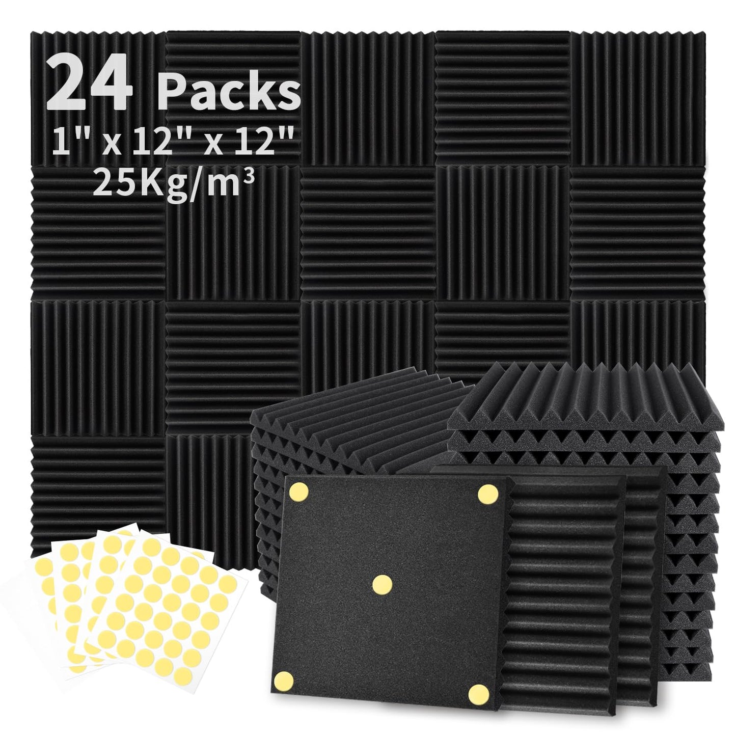 52 Pack Acoustic Foam Panels 1" x 12" x 12" Sound Proof Foam Panles Soundproofing Noise Cancelling Wedge Panels for Home Office Recoding Studio with 300PCS Double-Side Adhesive