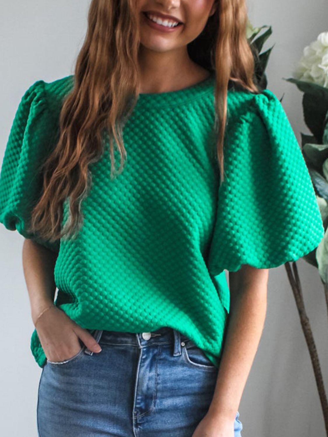 Texture Round Neck Puff Sleeve Blouse