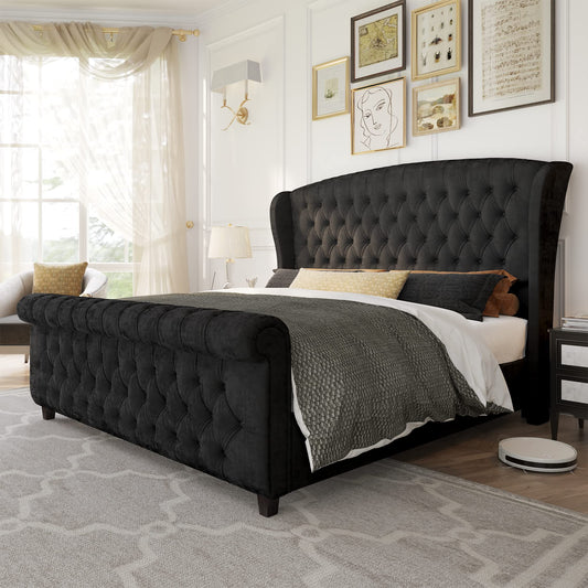 AMERLIFE King Size Platform Bed Frame, Chenille Upholstered Sleigh Bed with Scroll Wingback Headboard & Footboard/Button Tufted/No Box Spring Required/Cream