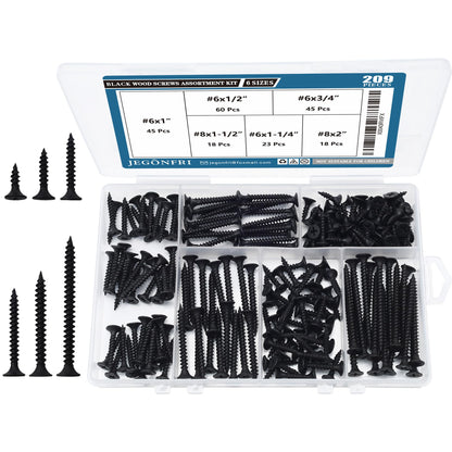 High Hardness Wood Screws Assortment Kit, 209 pcs, Phillips Drive Flat Head, Wood Screws, Screws, Drywall Screws, Assorted Screws, Screws Set, 6 Sizes (2”,1-1/2”,1-1/4”,1”,3/4”,1/2”)