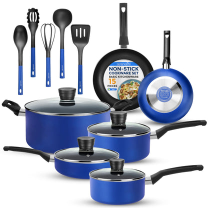 SereneLife Kitchenware Pots & Pans Basic Kitchen Cookware, Black Non-Stick Coating Inside, Heat Resistant Lacquer (15-Piece Set), One Size, Blue