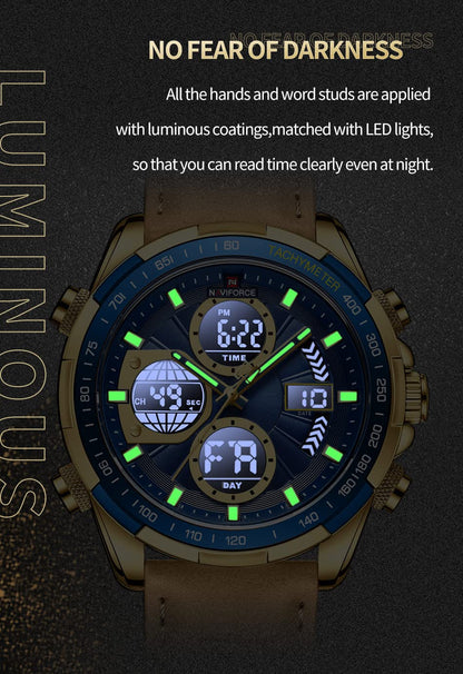 NAVIFORCE Men's Military Digital Watches Analog Quartz Waterproof Watch Sport Multifunctional Leather Wristwatch