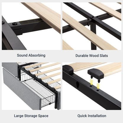 Allewie Upholstered Queen Size Platform Bed Frame with 4 Storage Drawers and Headboard, Square Stitched Button Tufted, Mattress Foundation with Wooden Slats Support, No Box Spring Needed, Light Grey