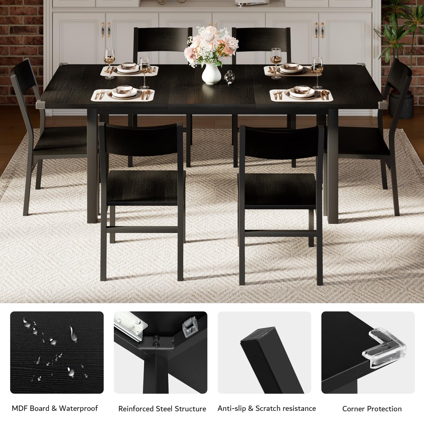 iPormis 7-Piece Dining Table & Chairs Set for 4-6, 63" Extendable Kitchen Table with 6 Chairs, Dining Room Table with Metal Frame & MDF Board, Perfect for Small Space, Easy Assembly, Black