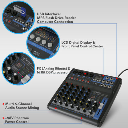 Pyle 4-Channel Bluetooth Studio Audio Mixer-DJ Sound Controller Interface with USB Drive for PC Recording Input, XLR Microphone Jack,48V Power,Input/Output for Professional and Beginners - PMXU46BT