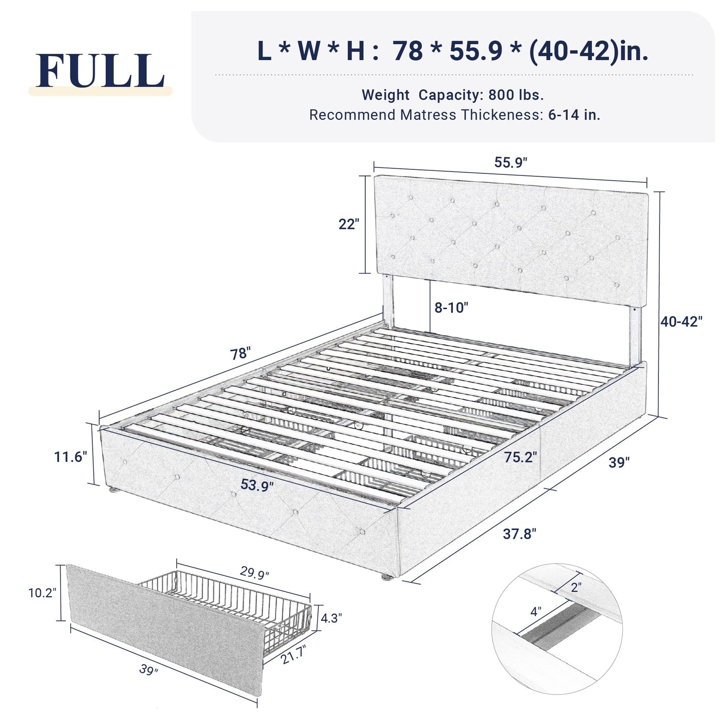 Allewie Upholstered Queen Size Platform Bed Frame with 4 Storage Drawers and Headboard, Square Stitched Button Tufted, Mattress Foundation with Wooden Slats Support, No Box Spring Needed, Light Grey