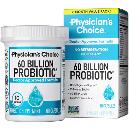 Physician's CHOICE Probiotics 60 billion CFU - 10 Strains + Organic Prebiotics - Immune, Digestive & Gut Health - Supports Occasional Constipation, Diarrhea, Gas & Bloating - for Women & Men - 60ct