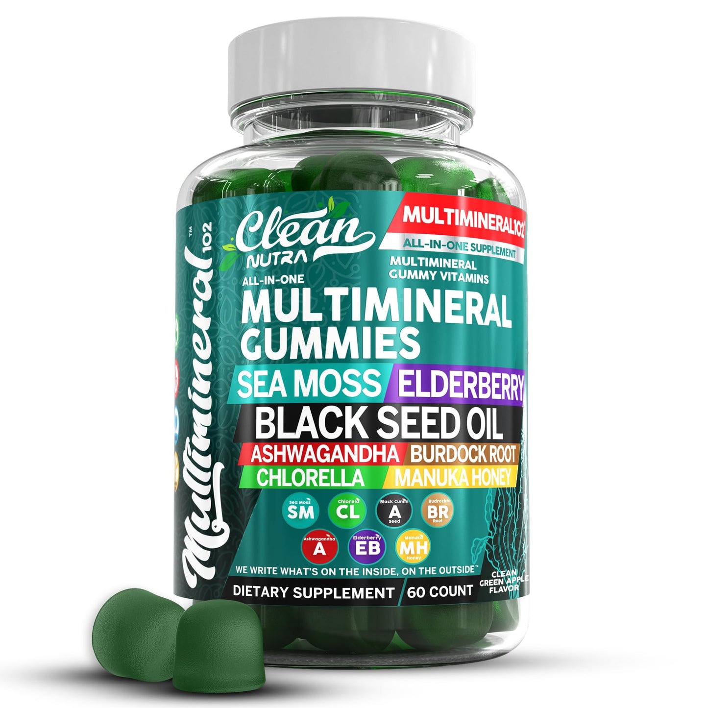 Sea Moss Black Seed Oil Gummies with Ashwagandha, Elderberry, Burdock Root, Chlorella, Manuka Honey - Vegan Gummy Vitamins for Adults Kids Men Women - Multimineral Green Apple Flavor by Clean Nutra