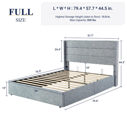 Allewie Queen Size Lift Up Storage Bed, Modern Wingback Headboard, Hydraulic Support, No Box Spring Needed, Light Beige