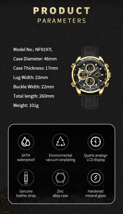 NAVIFORCE Men's Military Digital Watches Analog Quartz Waterproof Watch Sport Multifunctional Leather Wristwatch