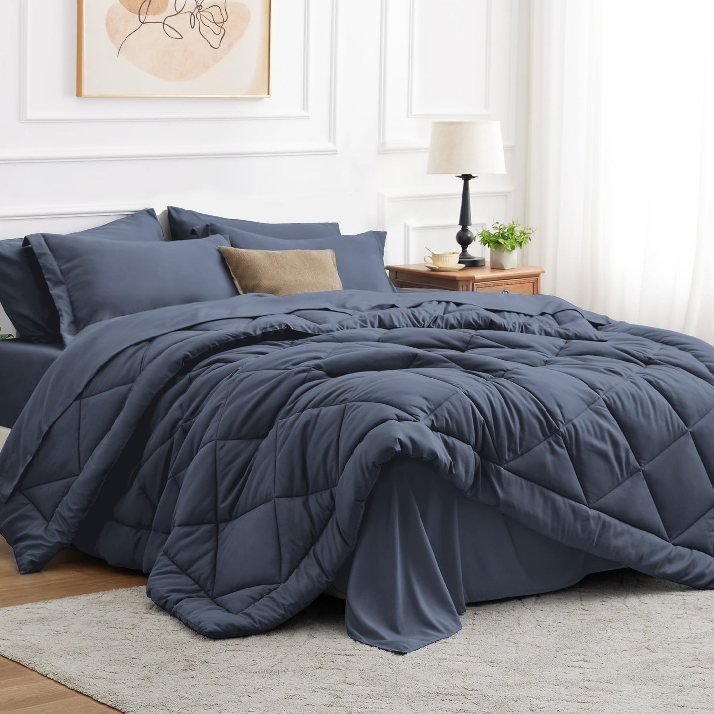 Love's cabin Full Comforter Set Black, 7 Pieces Full Bed in a Bag, All Season Full Bedding Sets with 1 Comforter, 1 Flat Sheet, 1 Fitted Sheet, 2 Pillowcase and 2 Pillow Sham