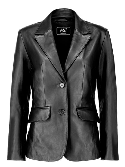 Jild Classic 2-Button Lambskin Leather Blazer Women - Casual Coat Long Sleeves Suit Style Leather Jacket Women