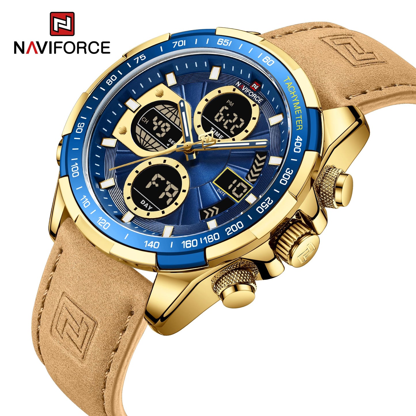 NAVIFORCE Men's Military Digital Watches Analog Quartz Waterproof Watch Sport Multifunctional Leather Wristwatch