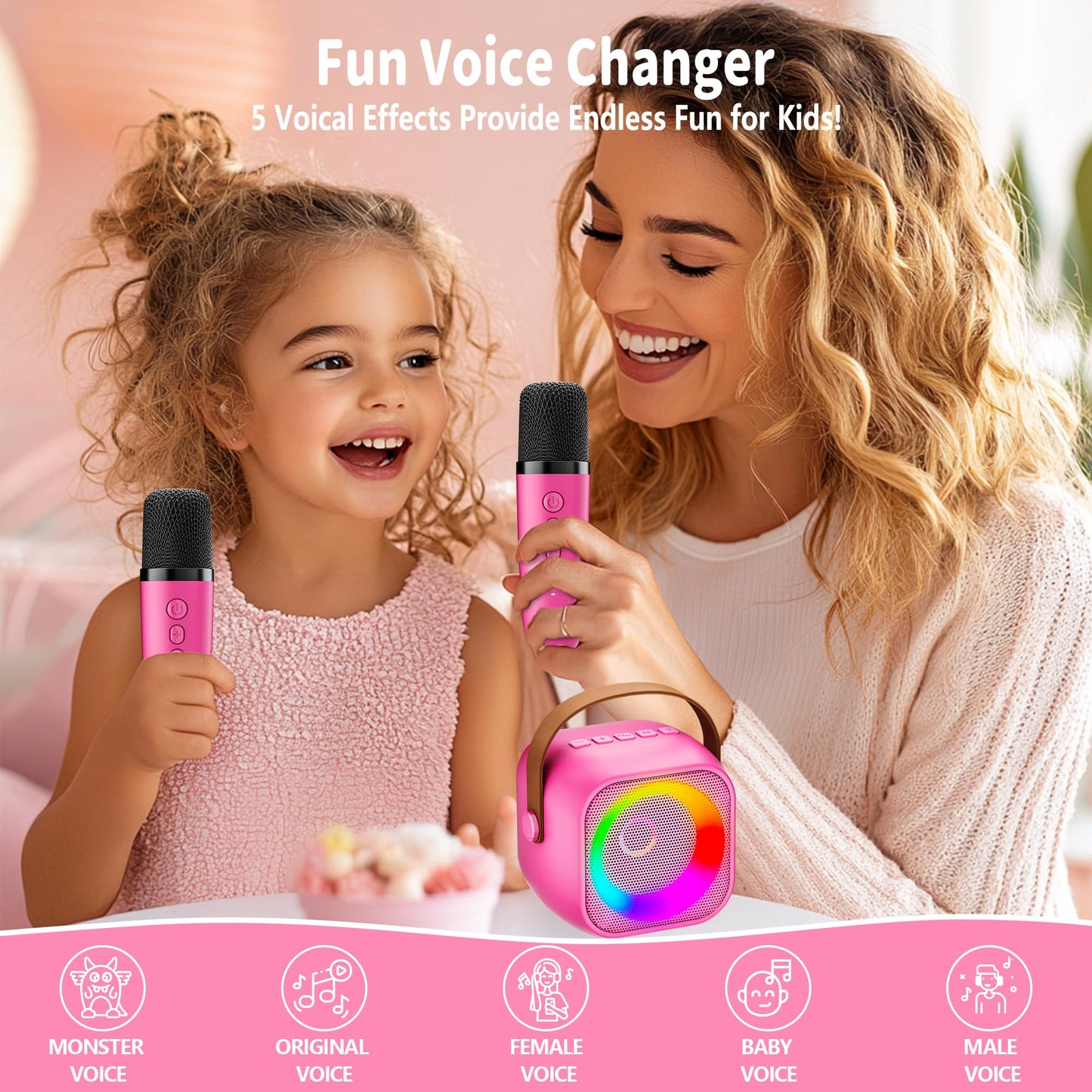 Mini Karaoke Machine, Portable Bluetooth Karaoke Speaker with 2 Wireless Microphones and Party Lights for Kids and Adults, Birthday Gifts for Girls Boys Family Home Party