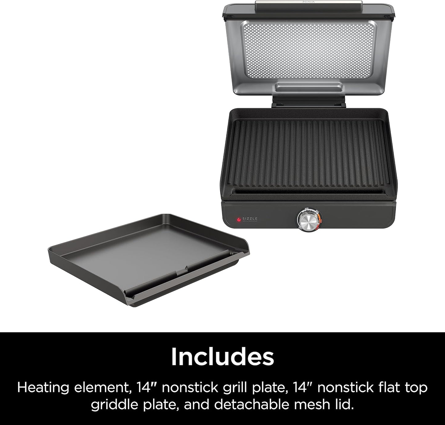 Ninja Griddle and Indoor Grill, 14’’, Electric Grill, For Steak, Burgers, Salmon, Veggies, and More, Pancake Griddle, Nonstick, Dishwasher Safe, 500F, Even Cooking, Silver, GR101