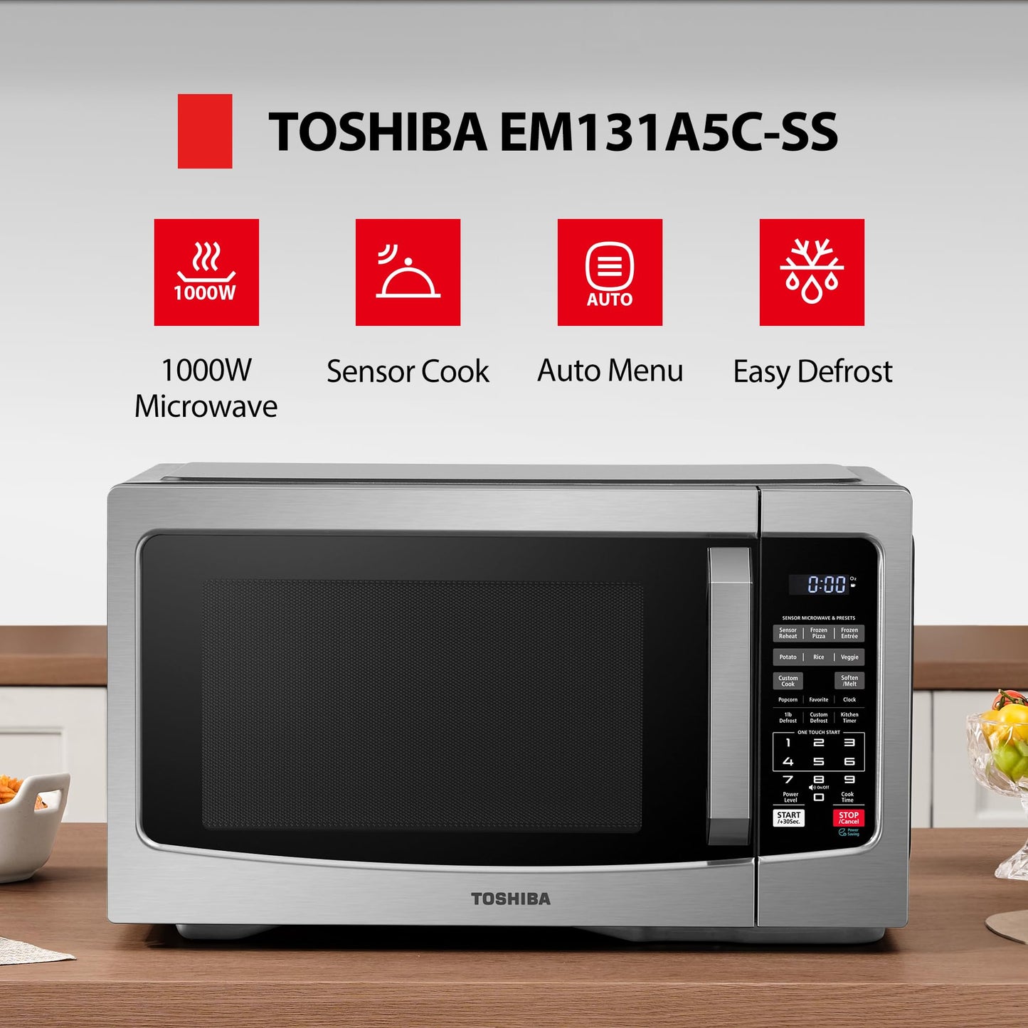 TOSHIBA EM131A5C-SS Countertop Microwave Ovens 1.2 Cu Ft, 12.4" Removable Turntable Smart Humidity Sensor 12 Auto Menus Mute Function ECO Mode Easy Clean Interior, 1100W, Silver