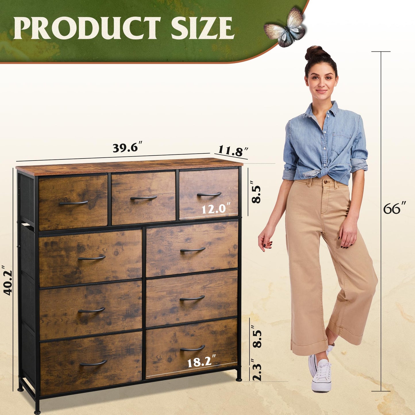 WLIVE 9-Drawer Dresser, Fabric Storage Tower for Bedroom, Hallway, Entryway, Closet, Tall Chest Organizer Unit with Fabric Bins, Steel Frame, Wood Top, Easy Pull Handle, Rustic Brown Wood Grain Print