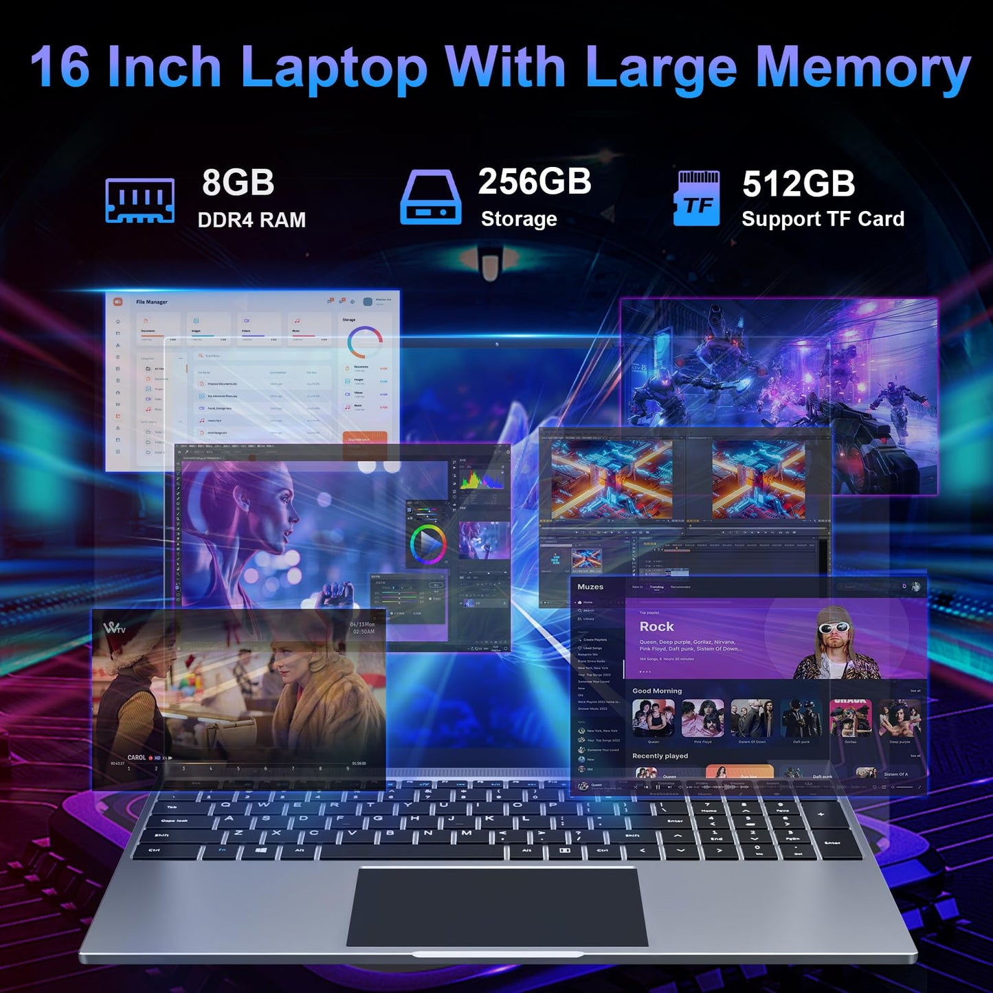 16 inch Laptop, 12GB RAM 256GB Storage Laptop Computer, 5305U Processor, 1920x1200 IPS FHD Display, WiFi, Bluetooth, Webcam, Type-C, 38Wh Battery