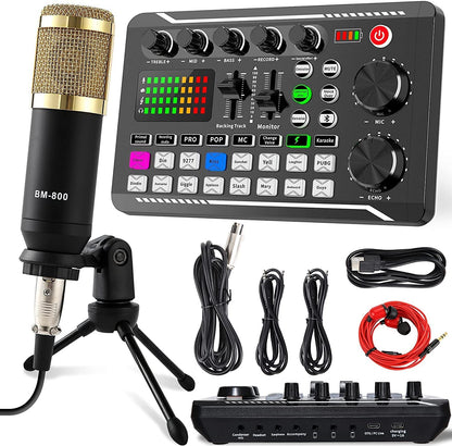 SINWE Podcast Microphone Bundle, BM-800 Condenser Mic with Live Sound Card Kit, Podcast Equipment Bundle with Voice Changer and Mixer Functions for PC Smartphone Studio Recording & Broadcasting