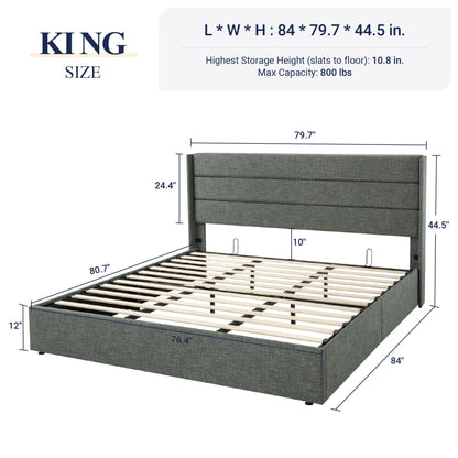 Allewie Queen Size Lift Up Storage Bed, Modern Wingback Headboard, Hydraulic Support, No Box Spring Needed, Light Beige