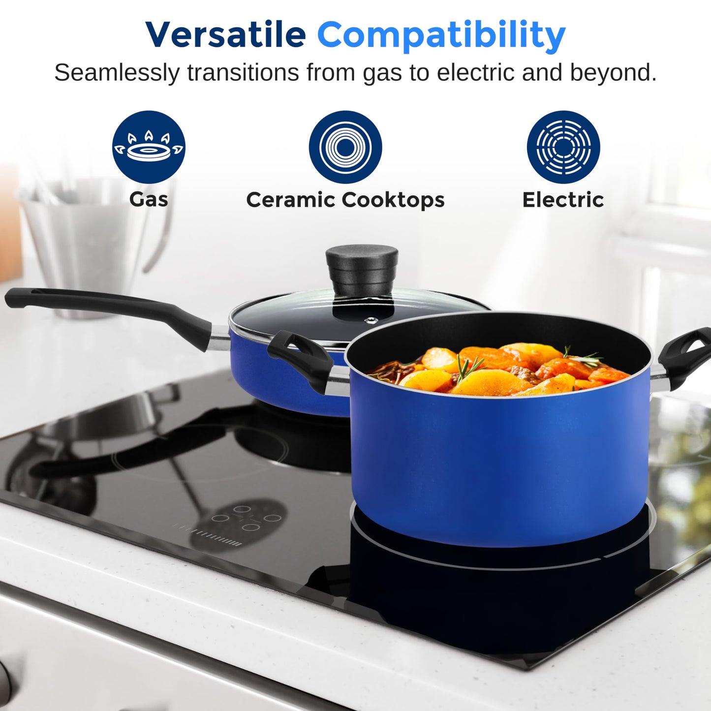 SereneLife Kitchenware Pots & Pans Basic Kitchen Cookware, Black Non-Stick Coating Inside, Heat Resistant Lacquer (15-Piece Set), One Size, Blue